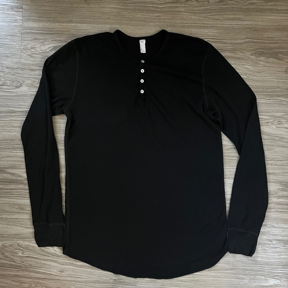 American Apparel Mens XL Black Waffle Knit Henley Long Sleeve Thermal Shirt USA